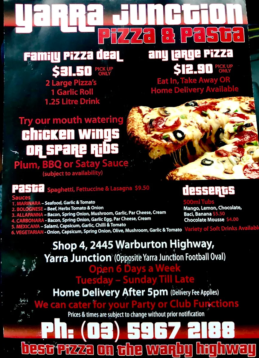 Menu, Yarra Junction Pizza