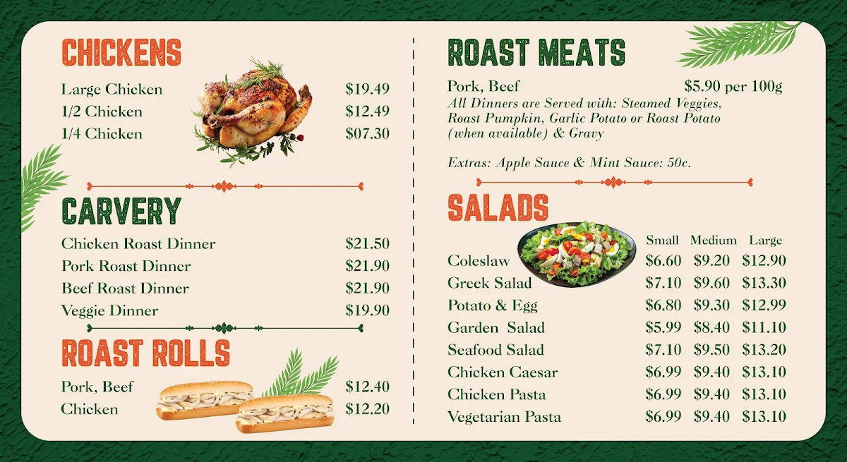 Menu, AT Chicken carvery and salad
