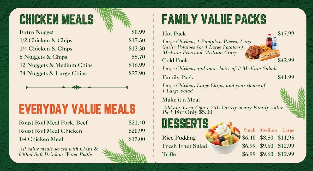 Menu, AT Chicken carvery and salad