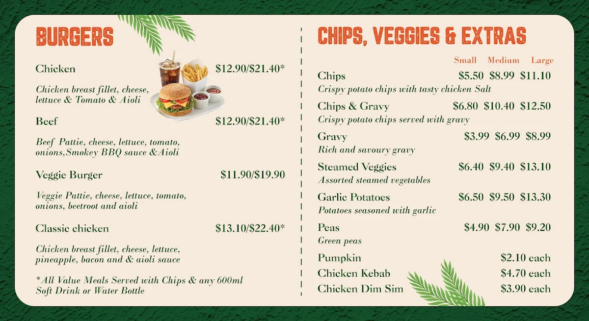 Menu, AT Chicken carvery and salad