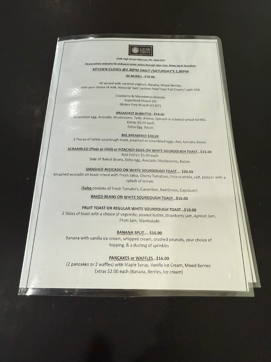 Menu, Lavish Specialty Coffee