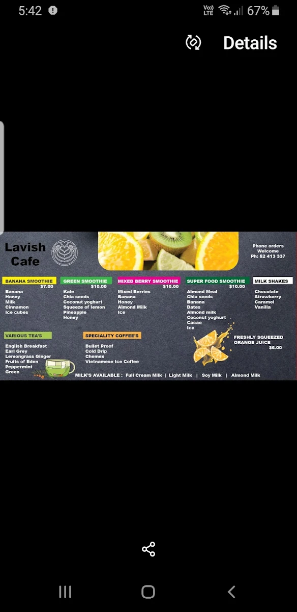 Menu, Lavish Specialty Coffee