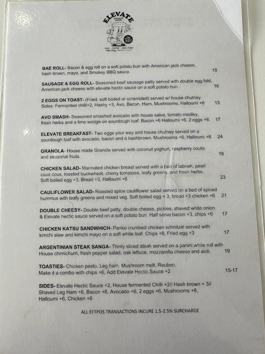 Menu, Elevate Specialty Coffee