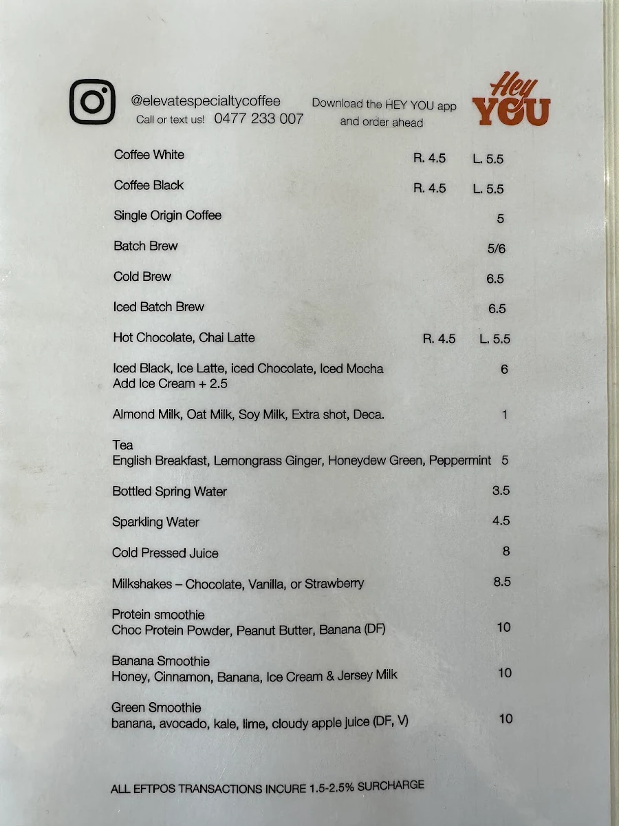 Menu, Elevate Specialty Coffee