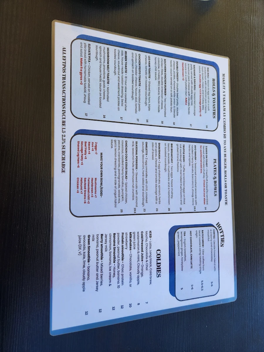 Menu, Elevate Specialty Coffee
