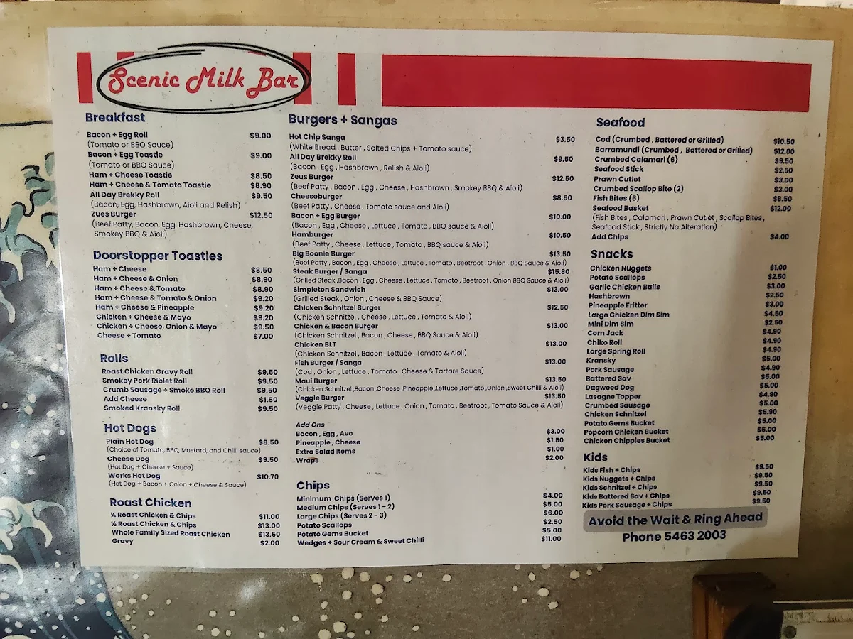 Menu, Scenic Milk Bar
