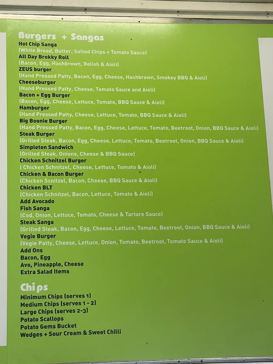 Menu, Scenic Milk Bar
