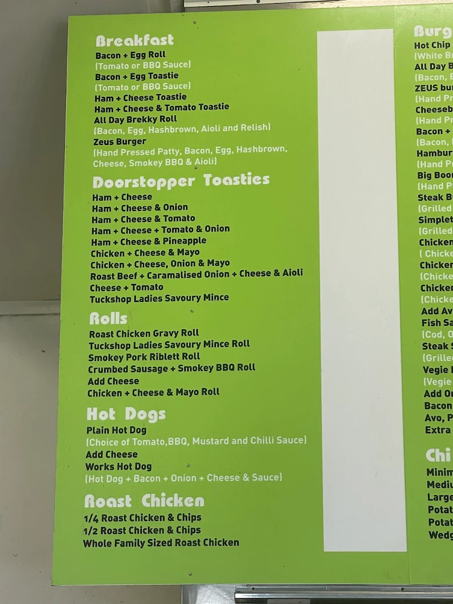 Menu, Scenic Milk Bar