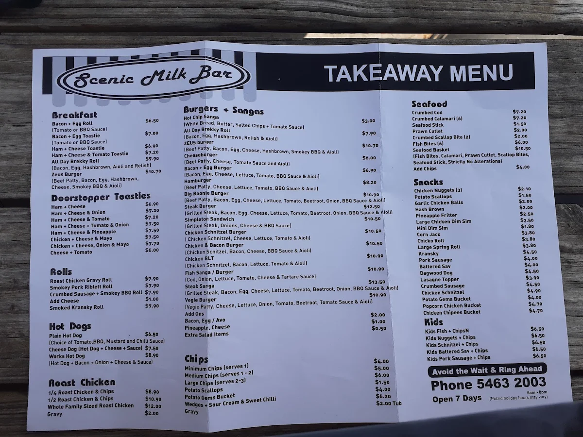 Menu, Scenic Milk Bar