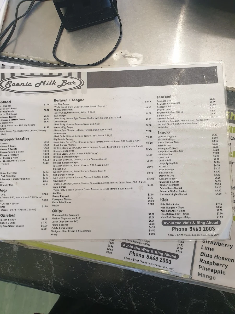 Menu, Scenic Milk Bar