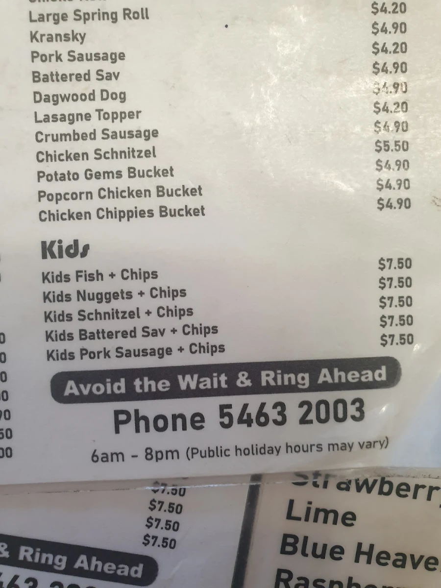 Menu, Scenic Milk Bar