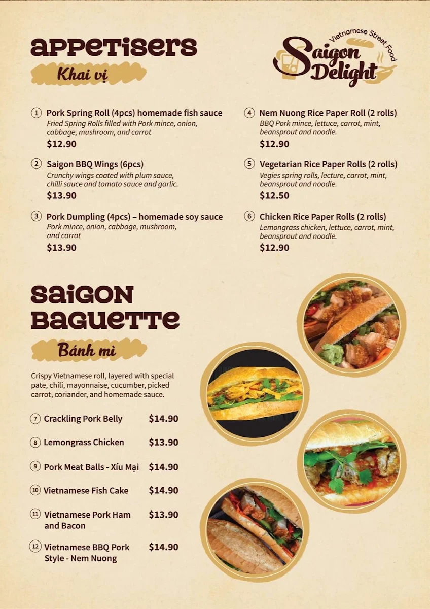Menu, SAIGON DELIGHT - Tamworth