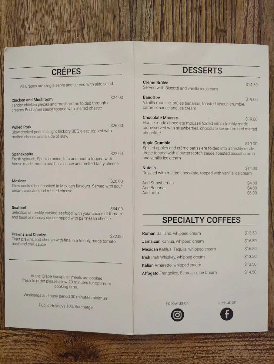 Menu, Crepe Escape