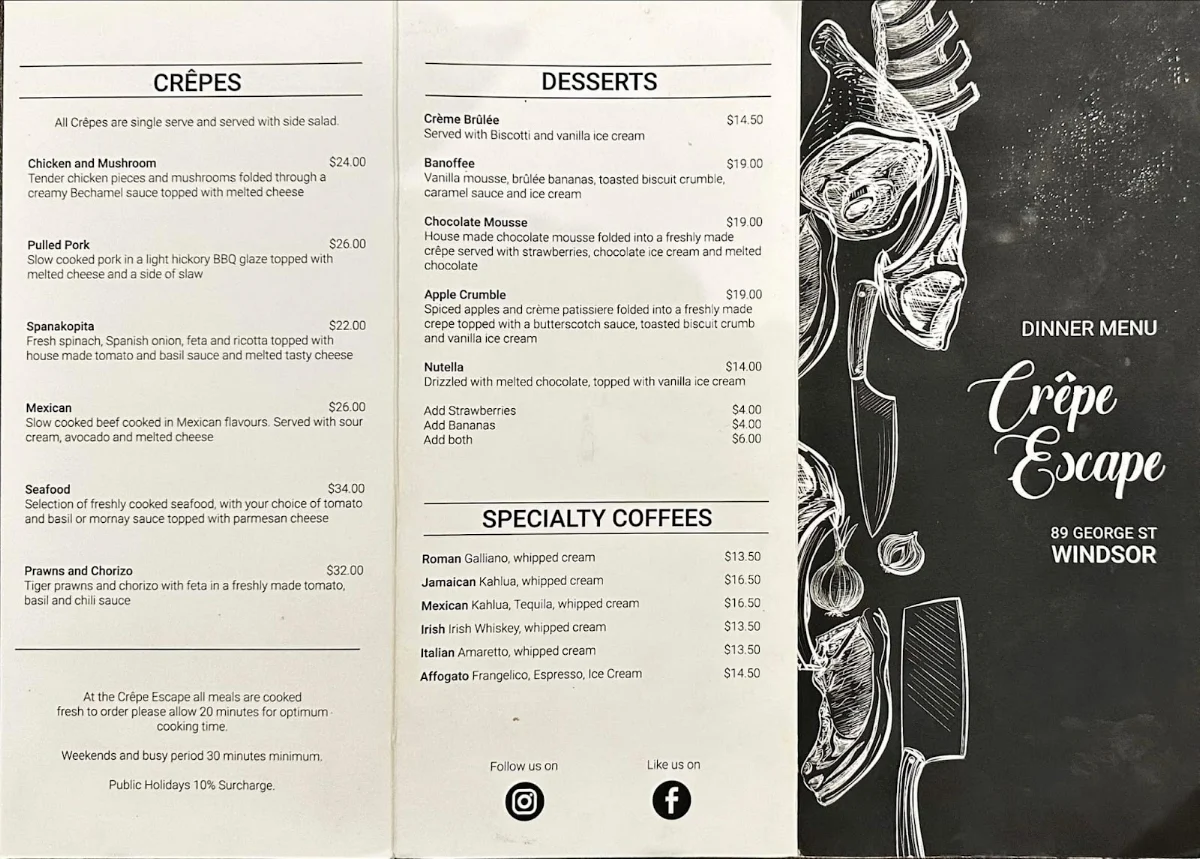 Menu, Crepe Escape