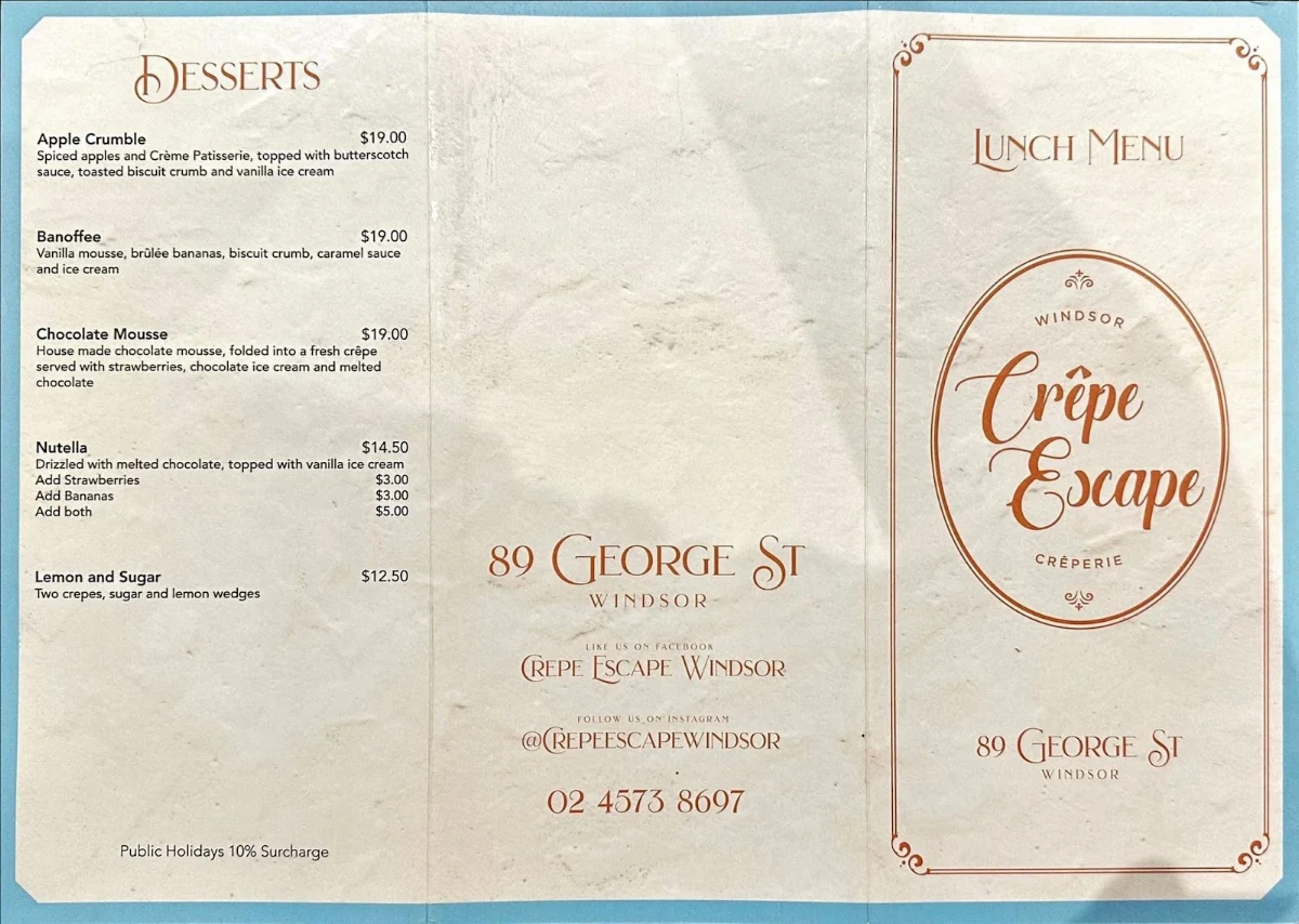 Menu, Crepe Escape