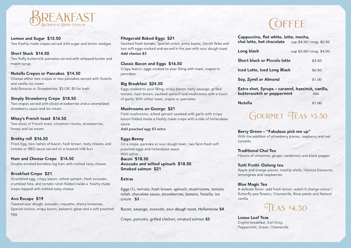 Menu, Crepe Escape