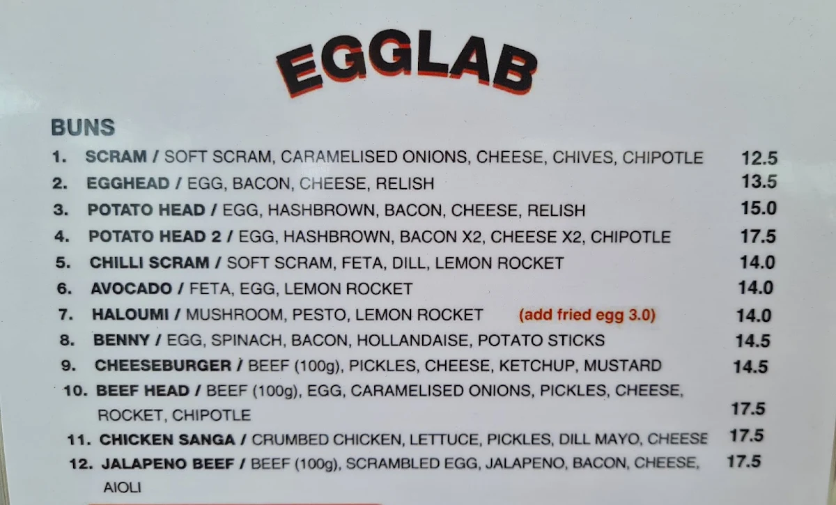 Menu, Egglab Brunswick