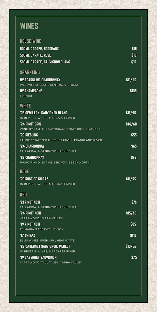 Menu, Metropole Cafe