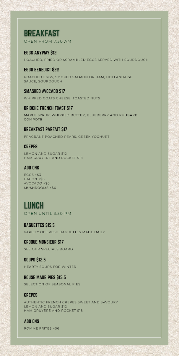 Menu, Metropole Cafe
