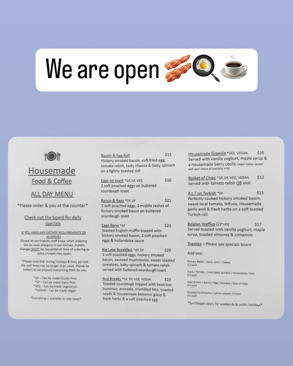 Menu, Housemade Food & Coffee
