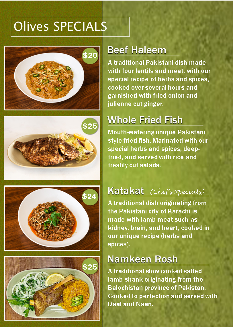 Menu, Olives Pakistani Cuisine