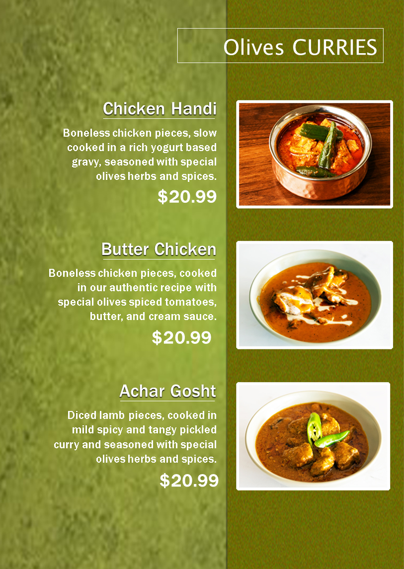 Menu, Olives Pakistani Cuisine