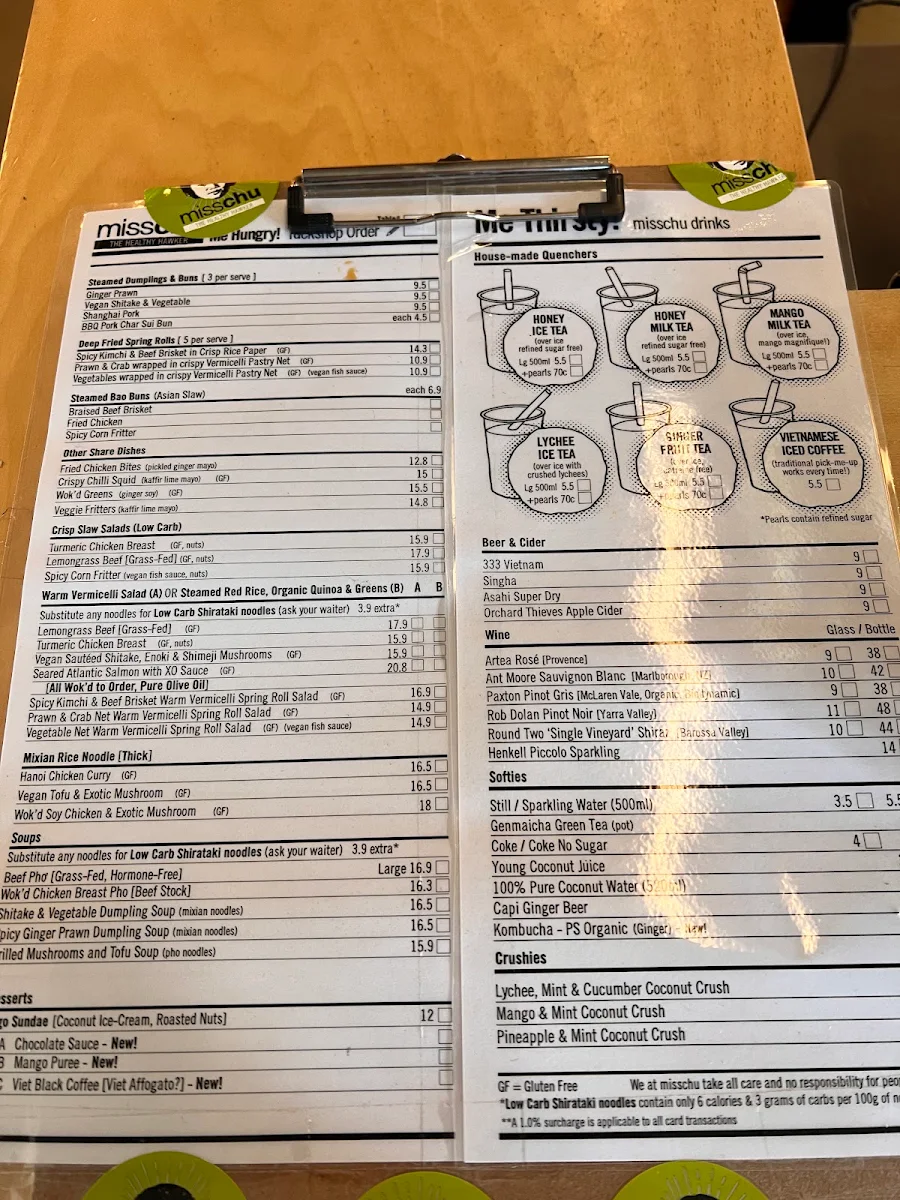 Menu, MISSCHU South Melbourne