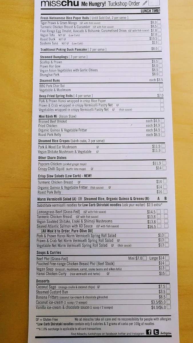 Menu, MISSCHU South Melbourne