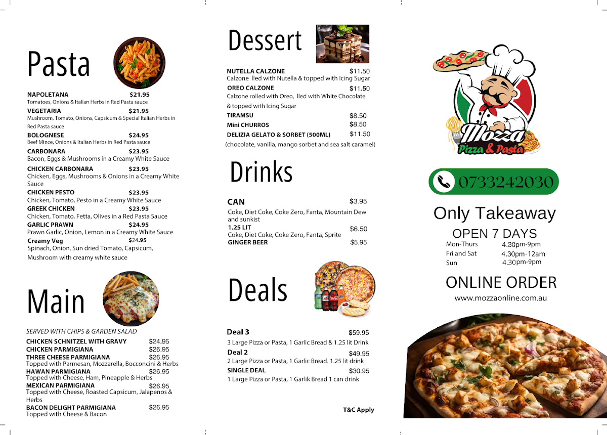 Menu, Mozza Pizza & Pasta