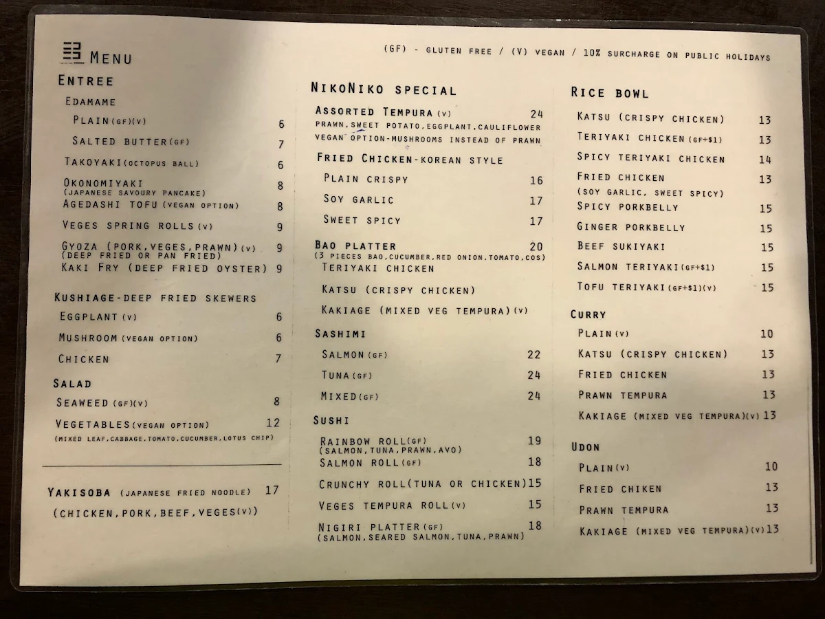 Menu, NIKONIKO Japanese Table
