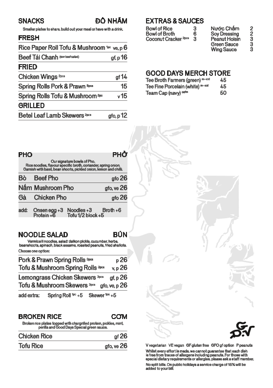 Menu, Good Days Collingwood