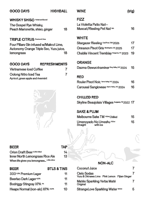 Menu, Good Days Collingwood