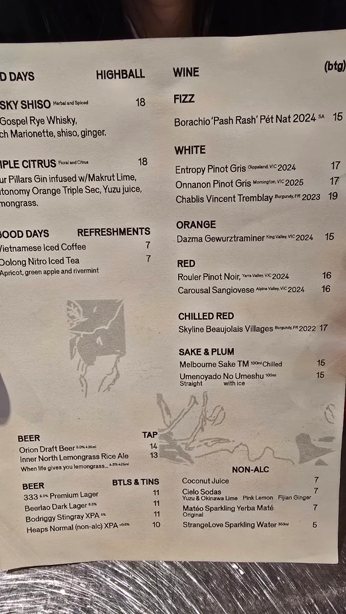 Menu, Good Days Collingwood