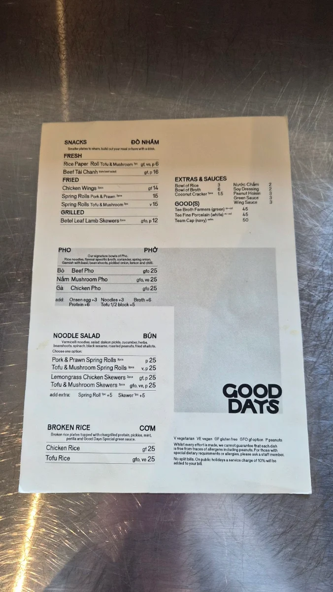 Menu, Good Days Collingwood