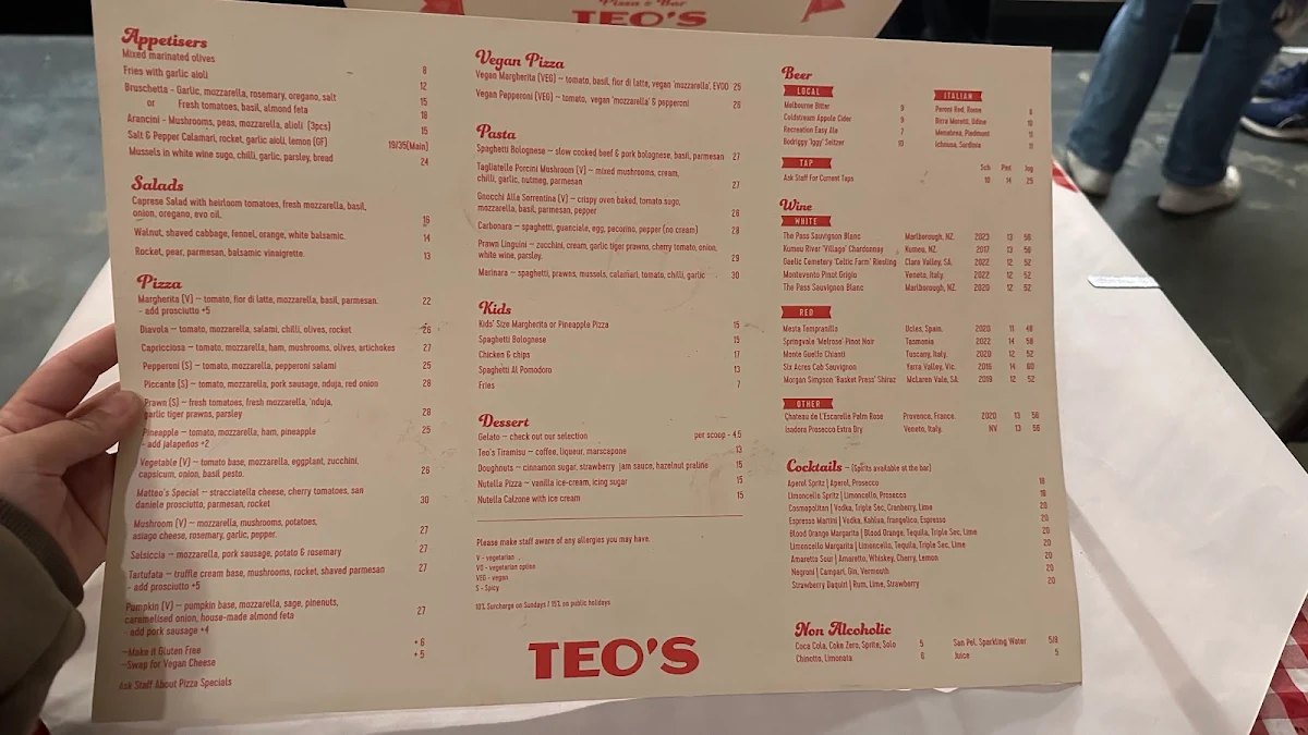 Menu, Teo's Pizza & Bar - Highett