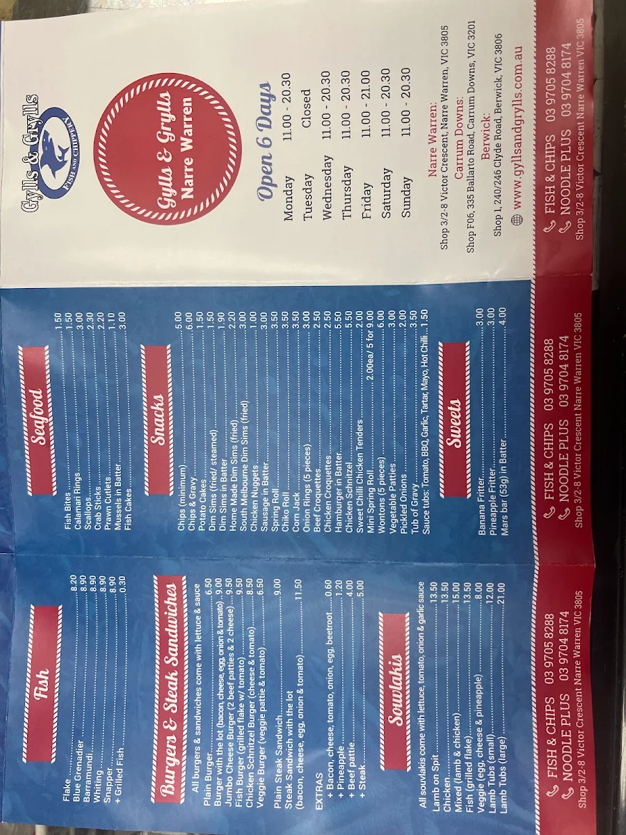 Menu, Gylls & Grylls Fish & Chippery Narre Warren