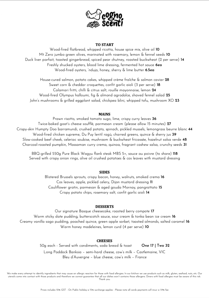 Menu, Cognoscenti Food & Wine