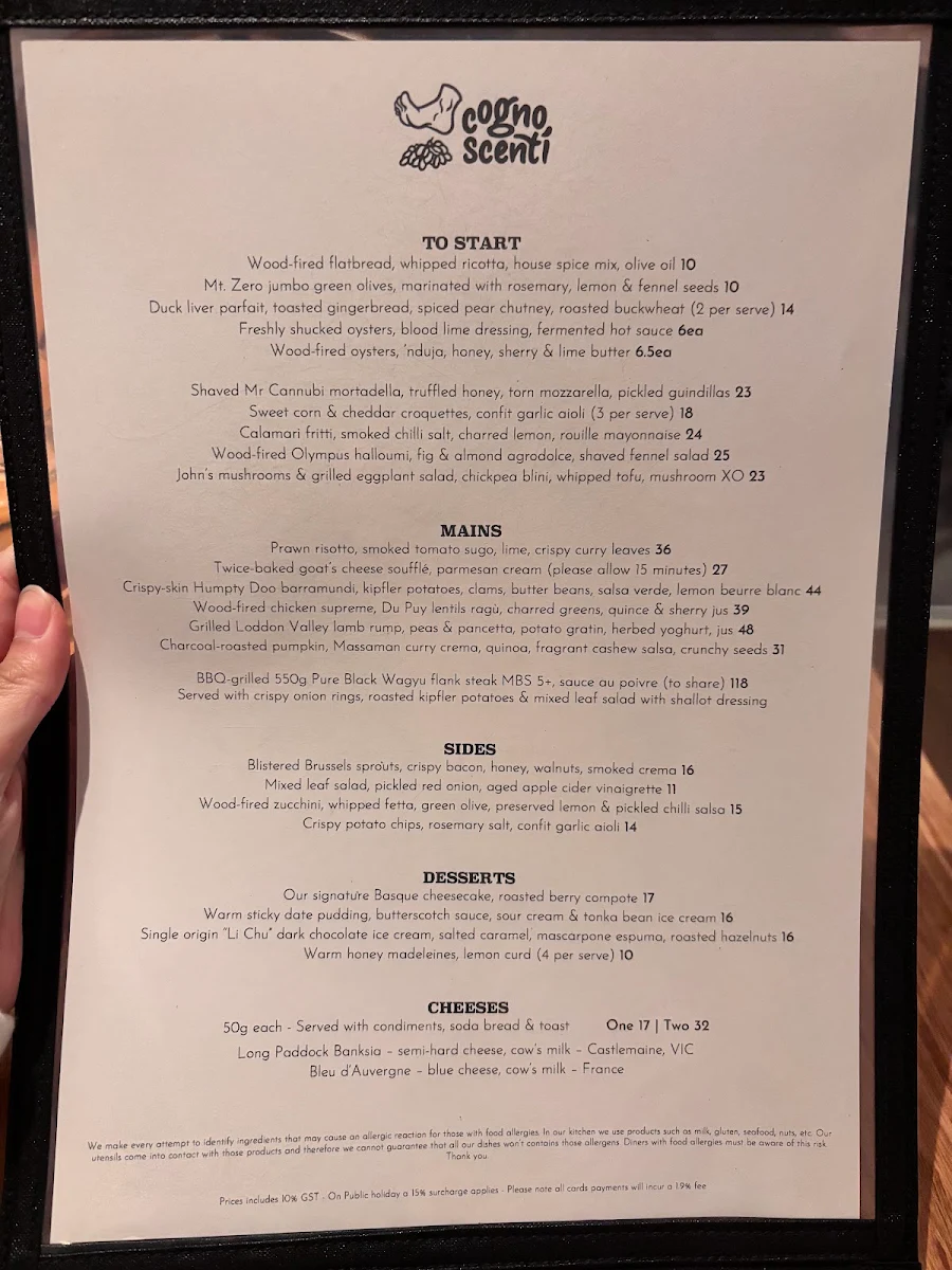 Menu, Cognoscenti Food & Wine