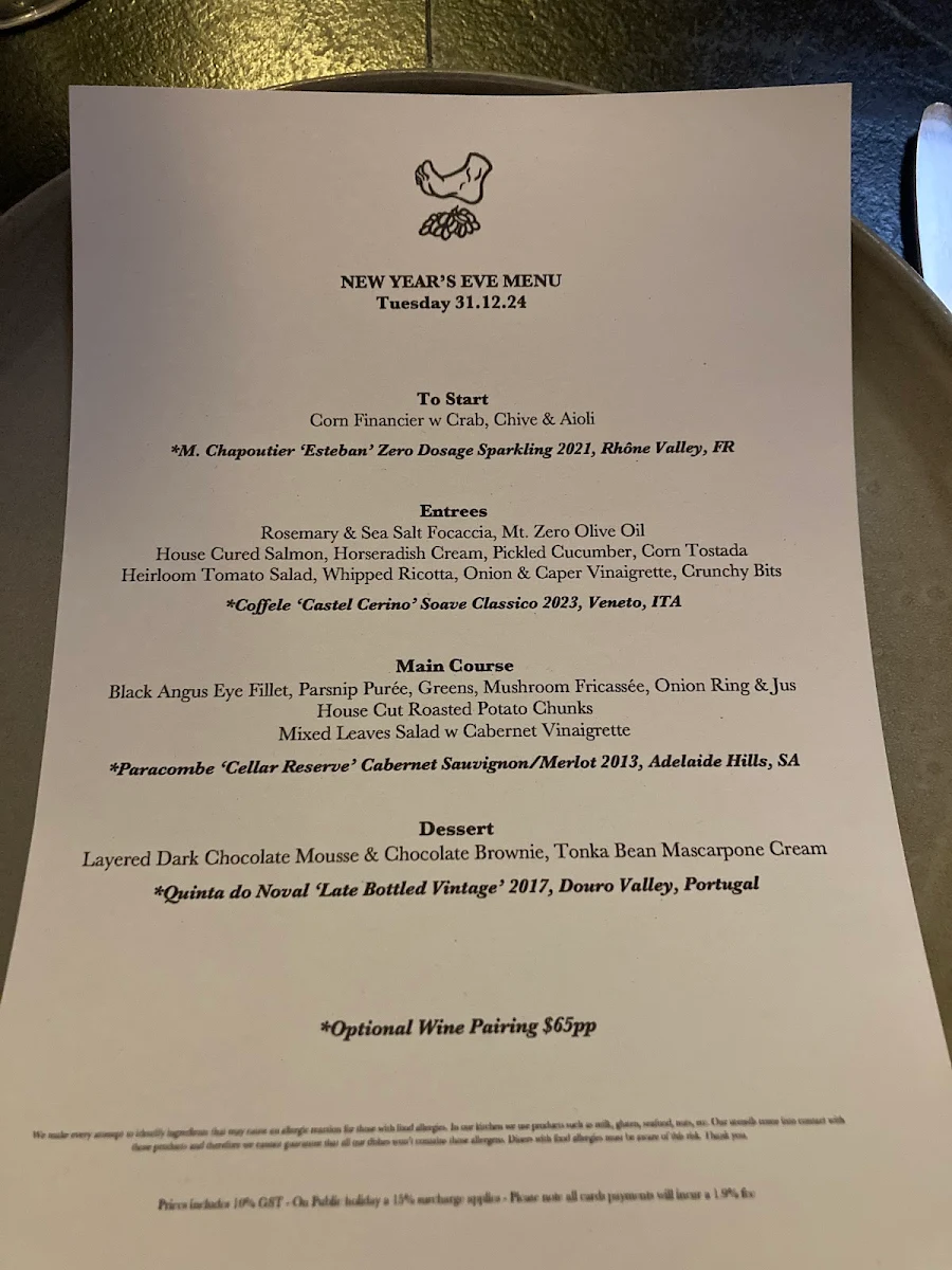 Menu, Cognoscenti Food & Wine