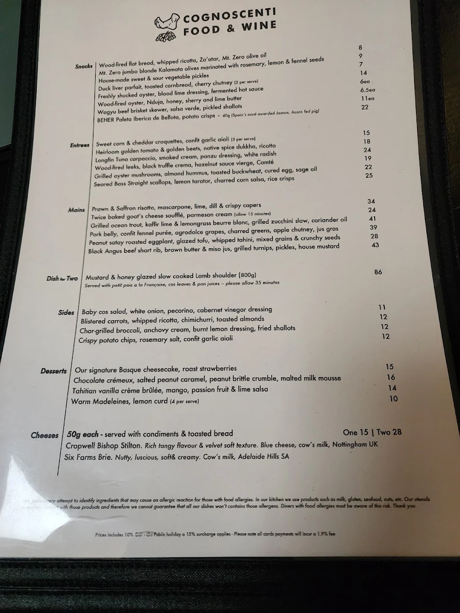 Menu, Cognoscenti Food & Wine