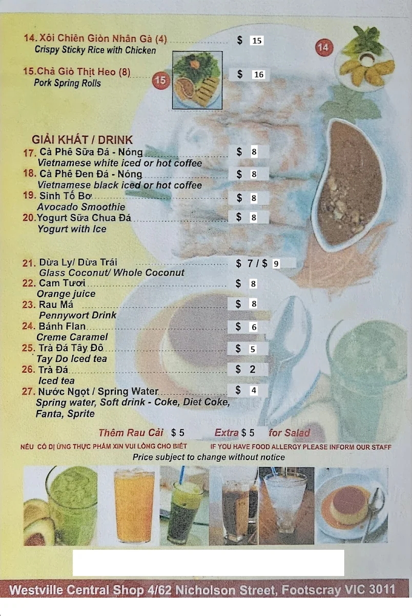 Menu, Bánh Xèo Tay Do Vietnamese Restaurant