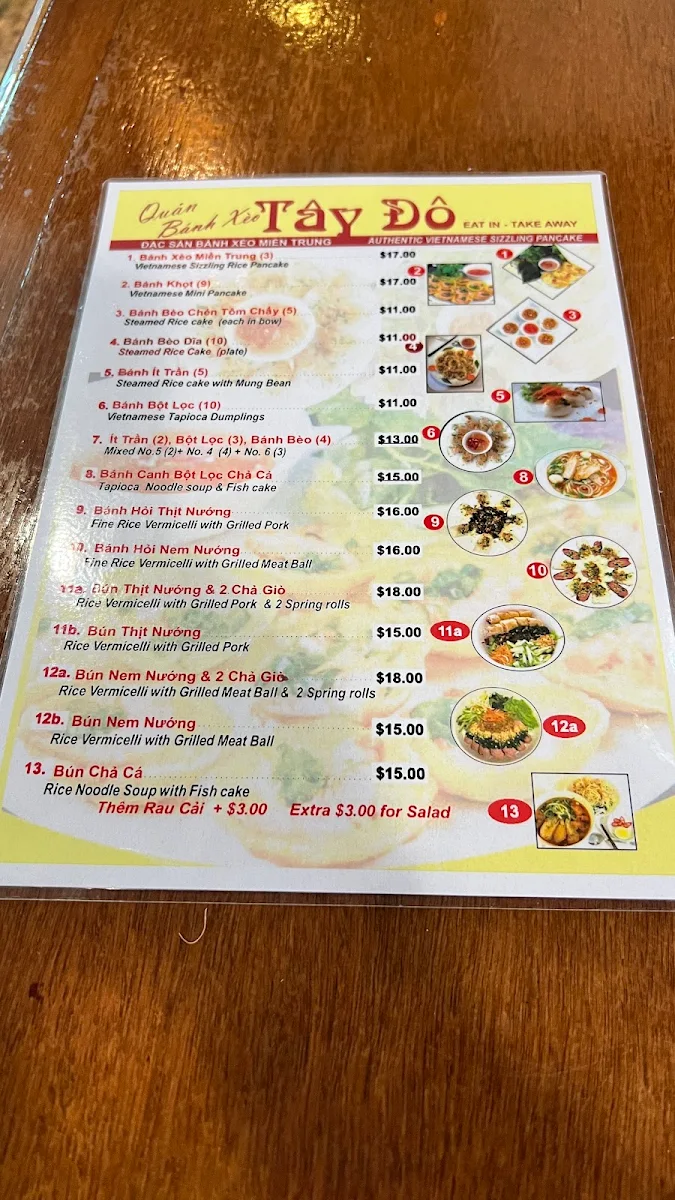 Menu, Bánh Xèo Tay Do Vietnamese Restaurant