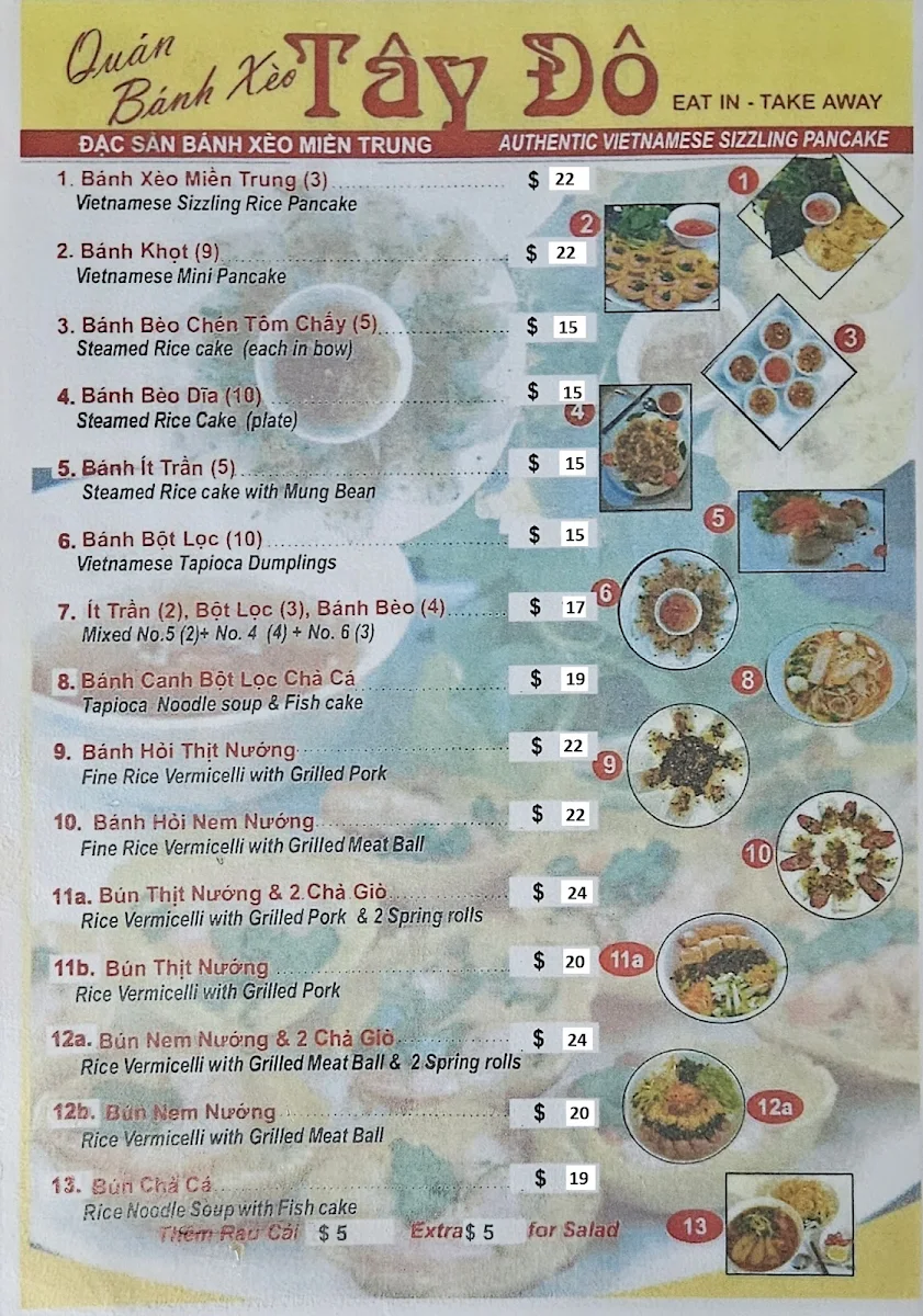 Menu, Bánh Xèo Tay Do Vietnamese Restaurant
