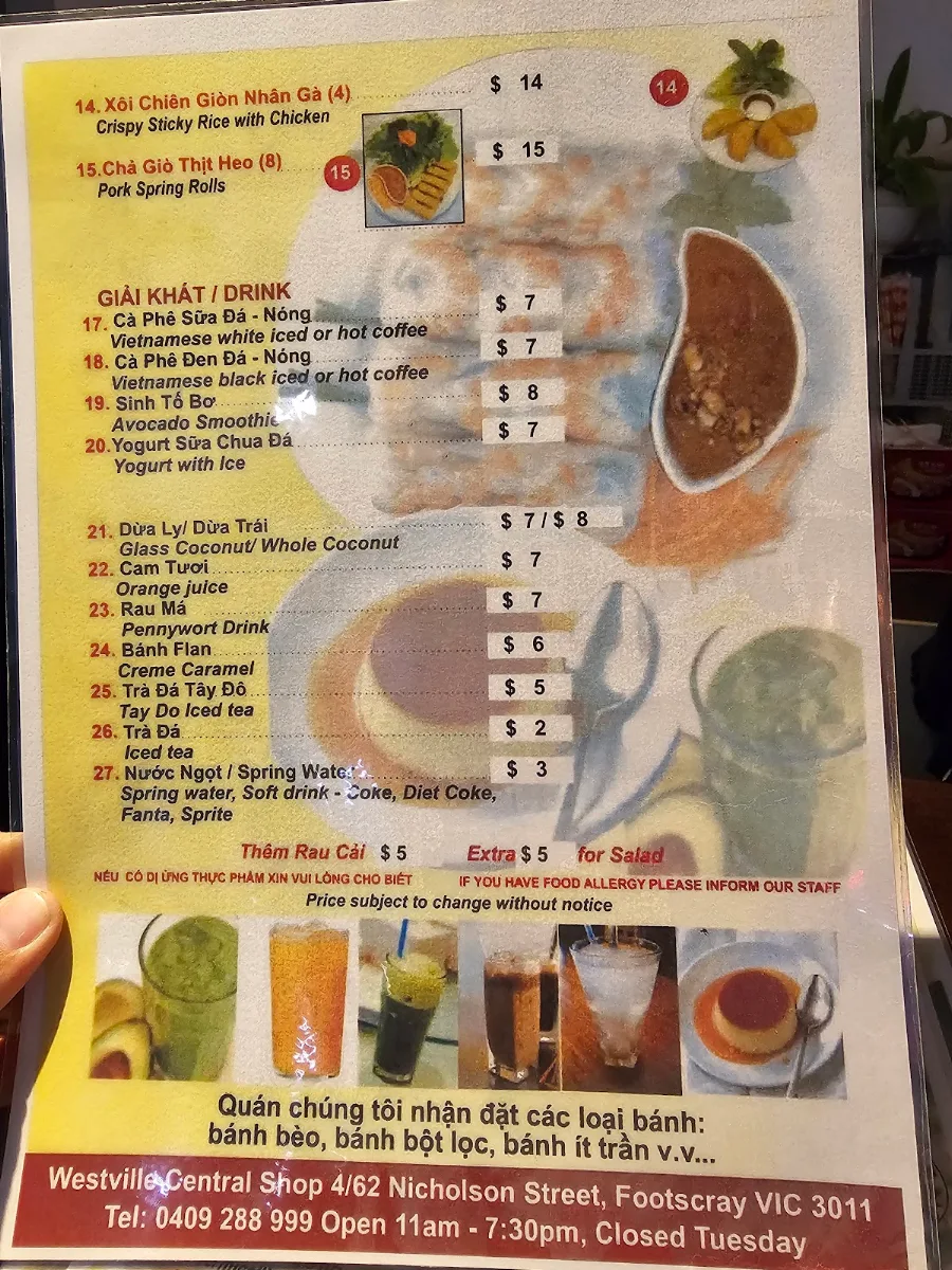 Menu, Bánh Xèo Tay Do Vietnamese Restaurant