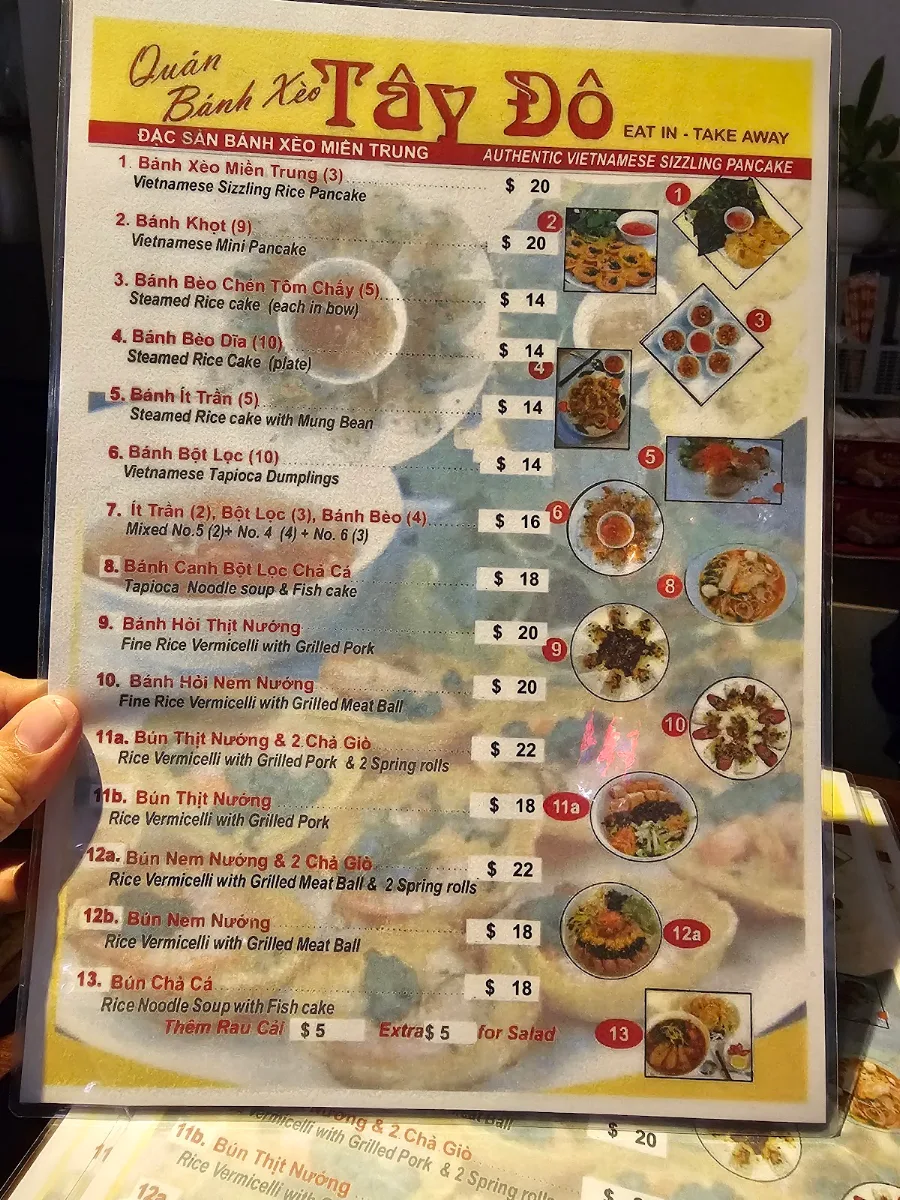 Menu, Bánh Xèo Tay Do Vietnamese Restaurant