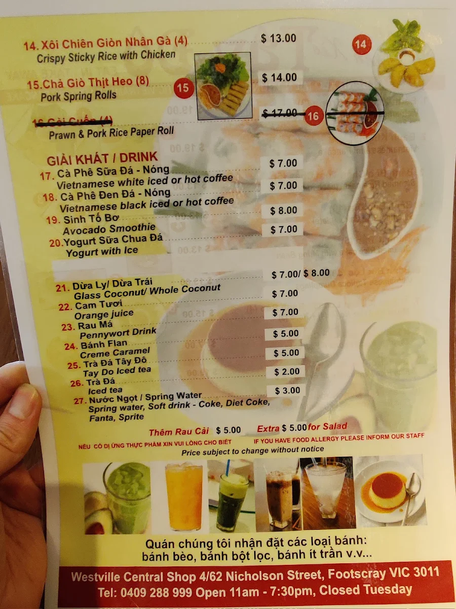 Menu, Bánh Xèo Tay Do Vietnamese Restaurant