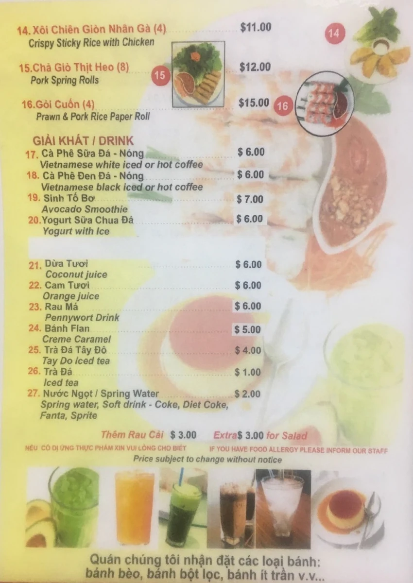 Menu, Bánh Xèo Tay Do Vietnamese Restaurant