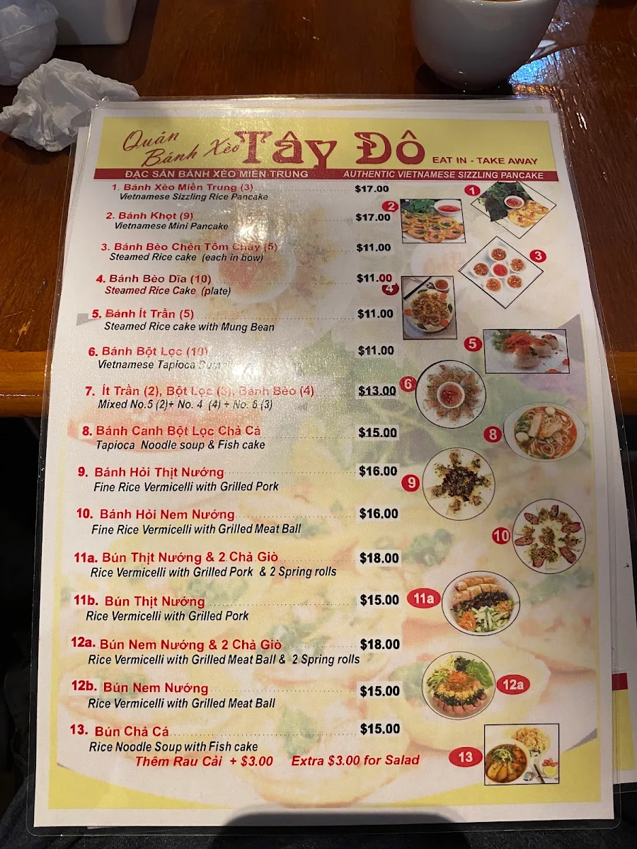Menu, Bánh Xèo Tay Do Vietnamese Restaurant