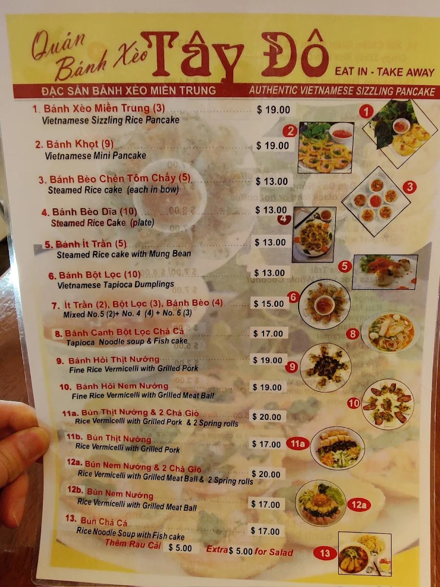 Menu, Bánh Xèo Tay Do Vietnamese Restaurant