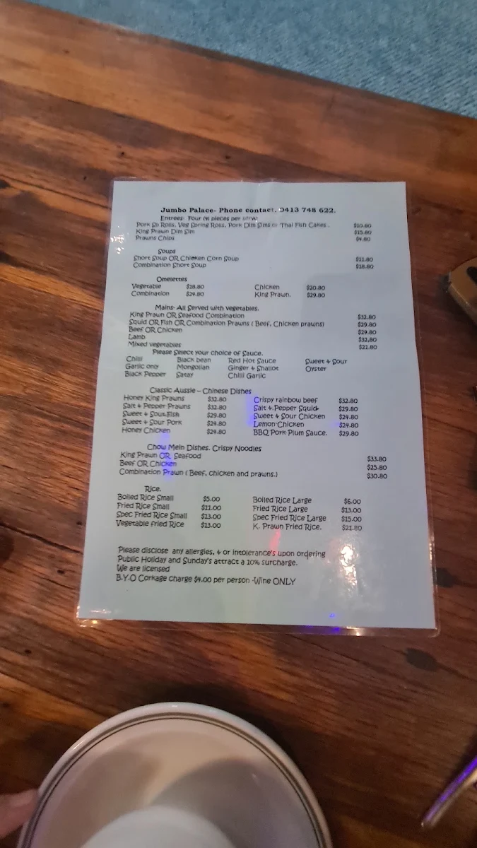 Menu, Jumbo Palace Restaurant
